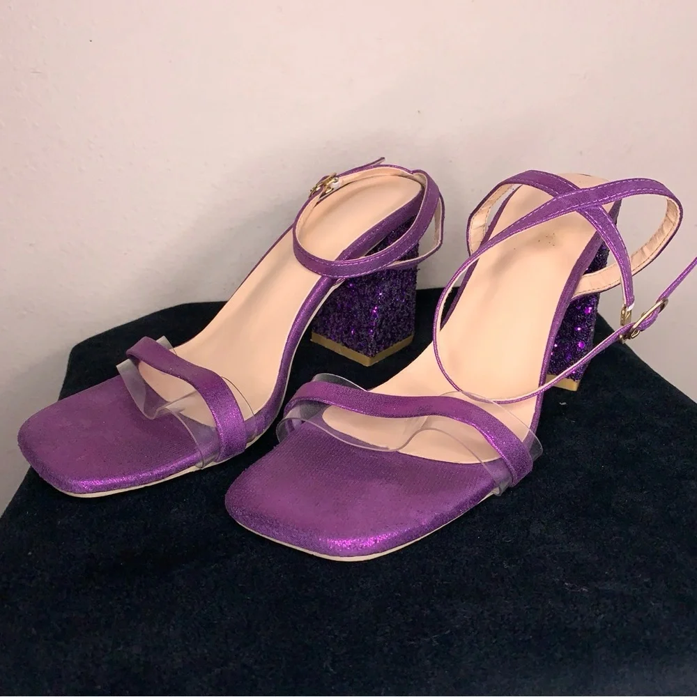Y2K Era Size 6 Purple Glitter Chunky Heel Shoes Party Event Prom Square Toe